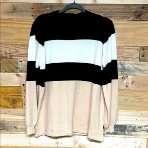 Size XL Striped Black, White, & Cream Color-block Crew Long Sleeve Soft Sweater